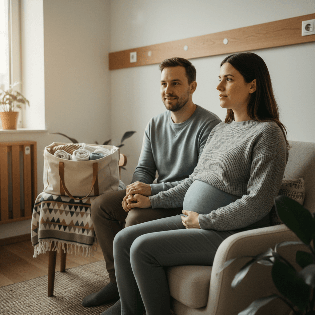 Gravid kvinne som ringer fødeavdelingen med rolig uttrykk i et varmt skandinavisk hjem