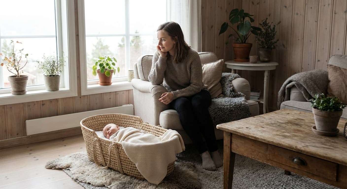 Mor som holder baby og ser ut vinduet