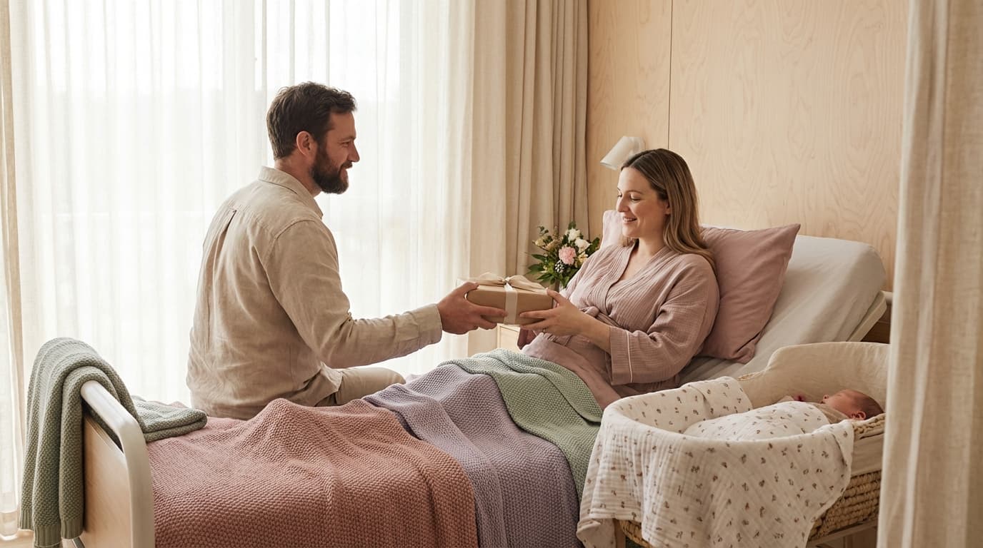 Vakker gave med sløyfe ved siden av en nyfødt babys hånd