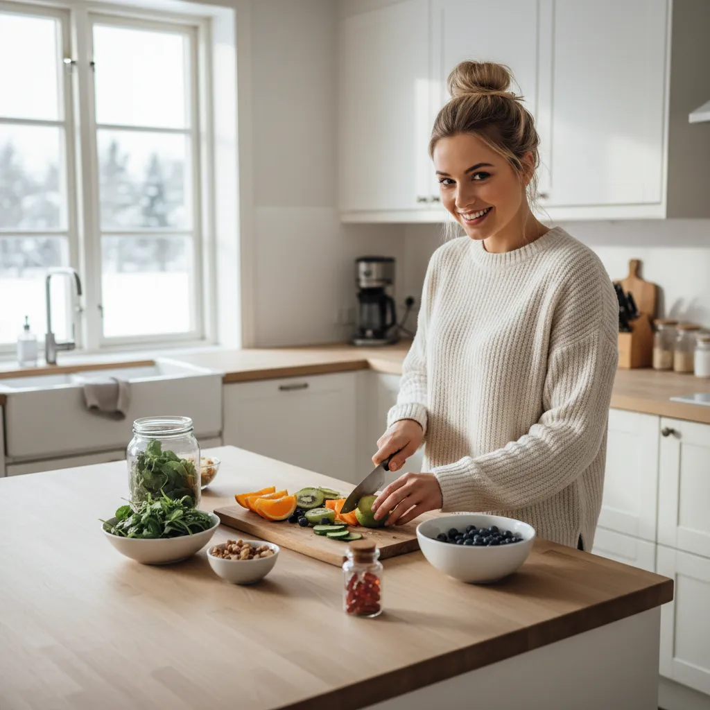 Kvinne som forbereder sunn mat i et skandinavisk kjøkken med vitamintilskudd på benken