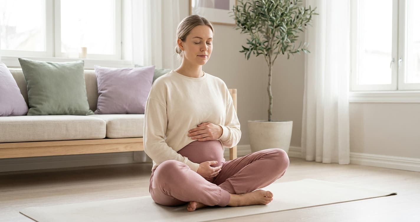 Gravid kvinne som gjør kjernepust-øvelse på yogamatte i lys stue