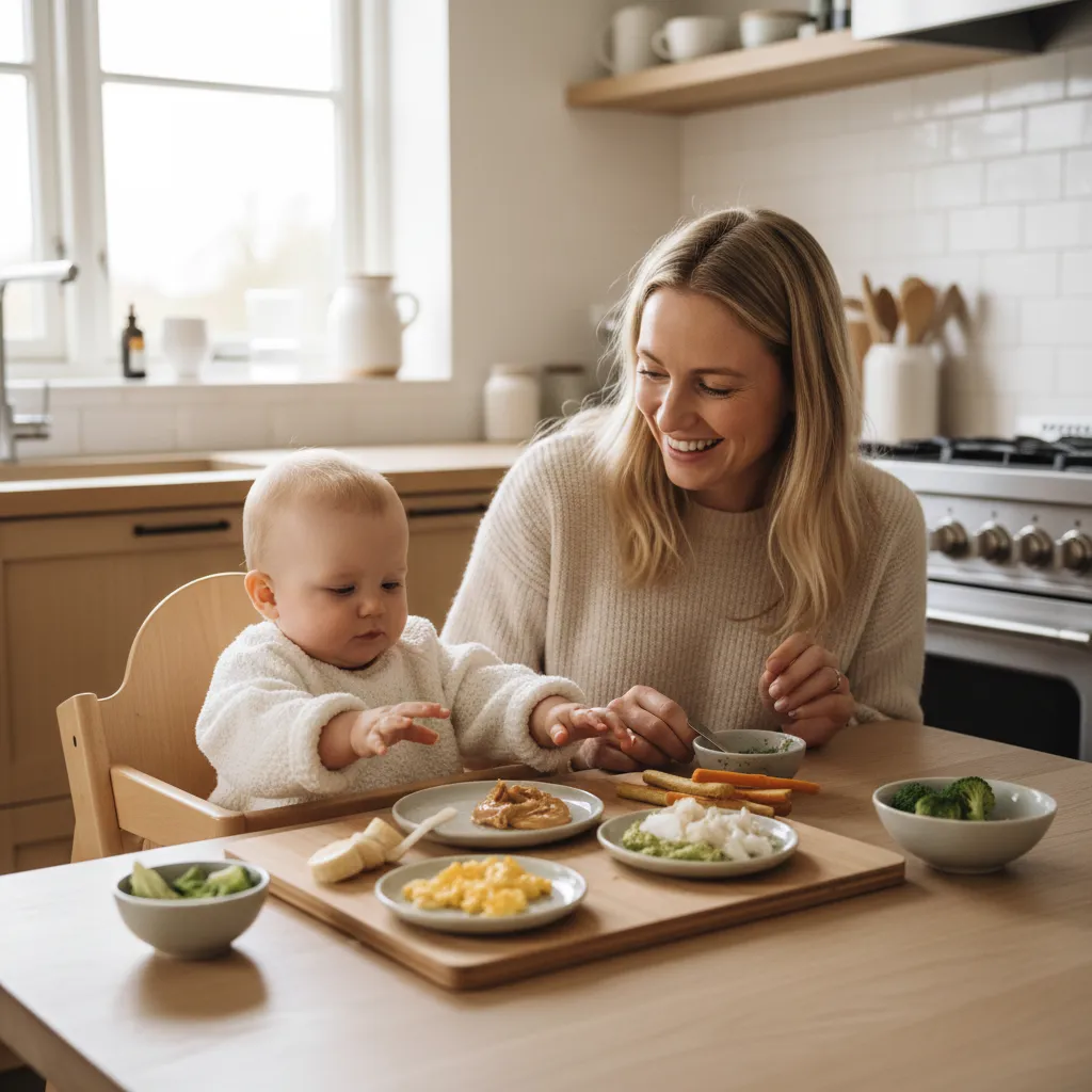 Mor introduserer allergene matvarer til baby på et lyst skandinavisk kjøkken