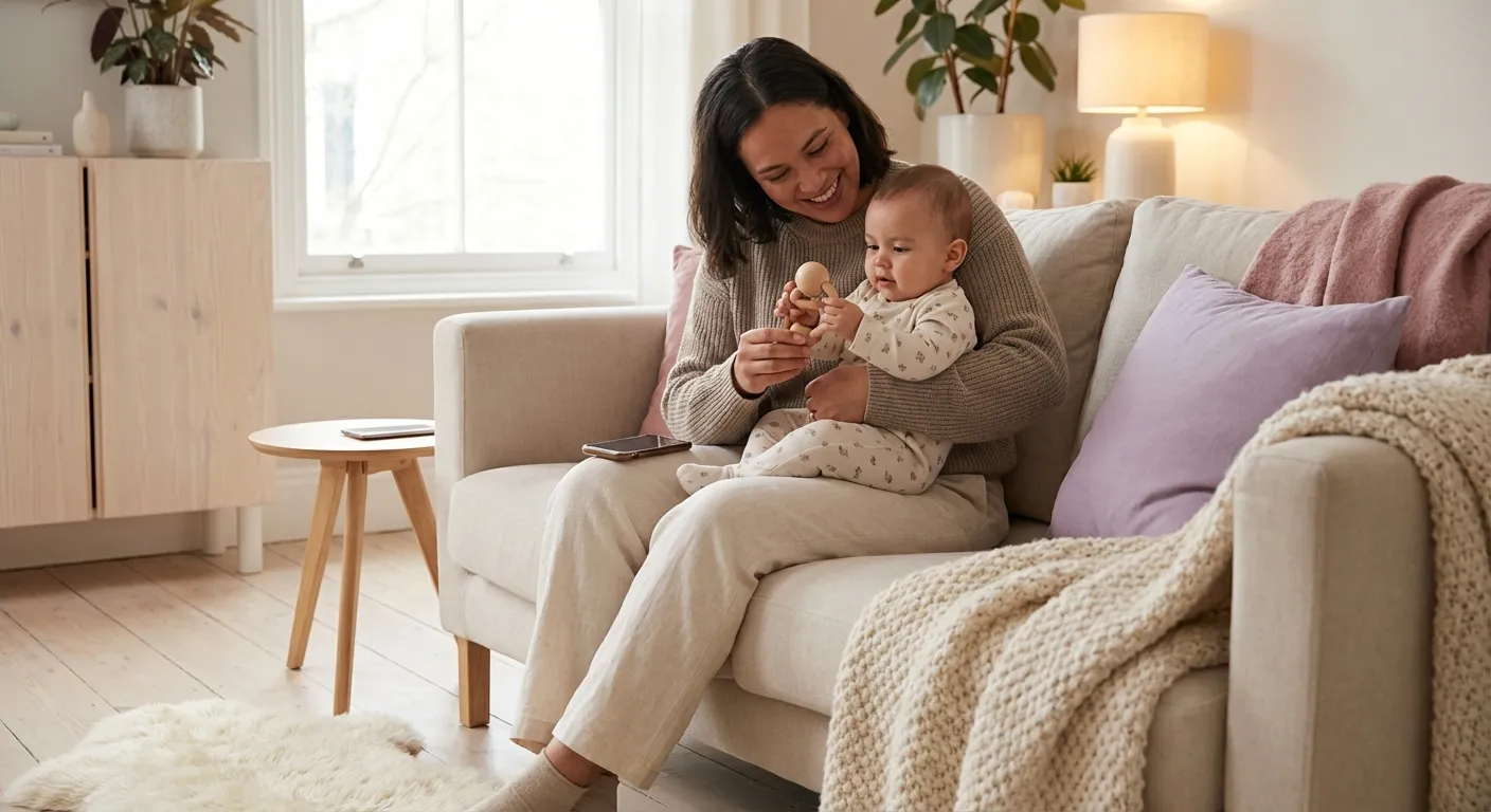 Mor og baby med direkte øyekontakt under amming, uten mobiltelefon synlig