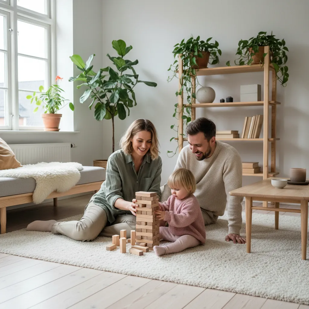 Foreldre som leker med barnet sitt i et lyst skandinavisk hjem med varmt lys