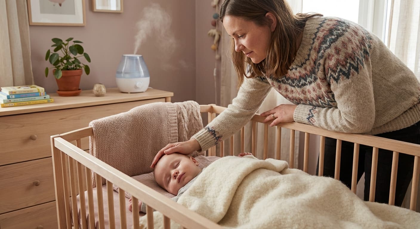 Forelder som trøster baby med forkjølelse