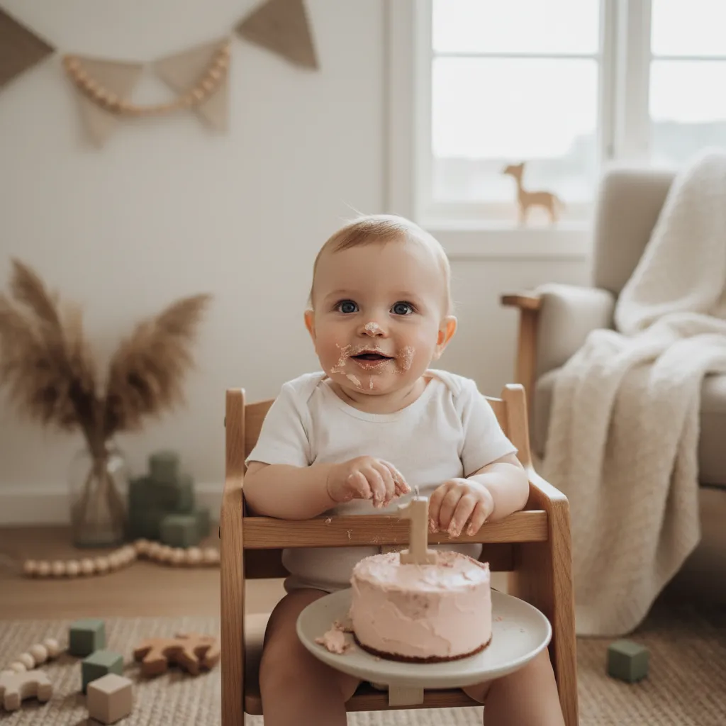 Ettåring med smash cake og pynt i varme farger