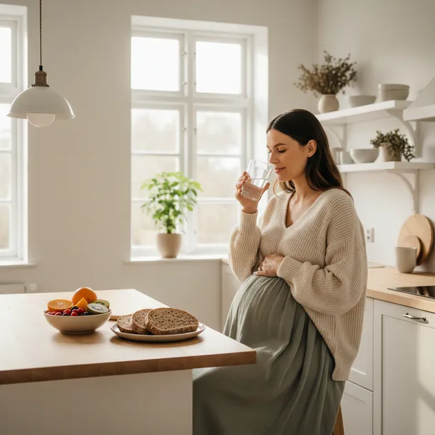 Gravid kvinne som spiser fiberrik mat med frukt og grønnsaker