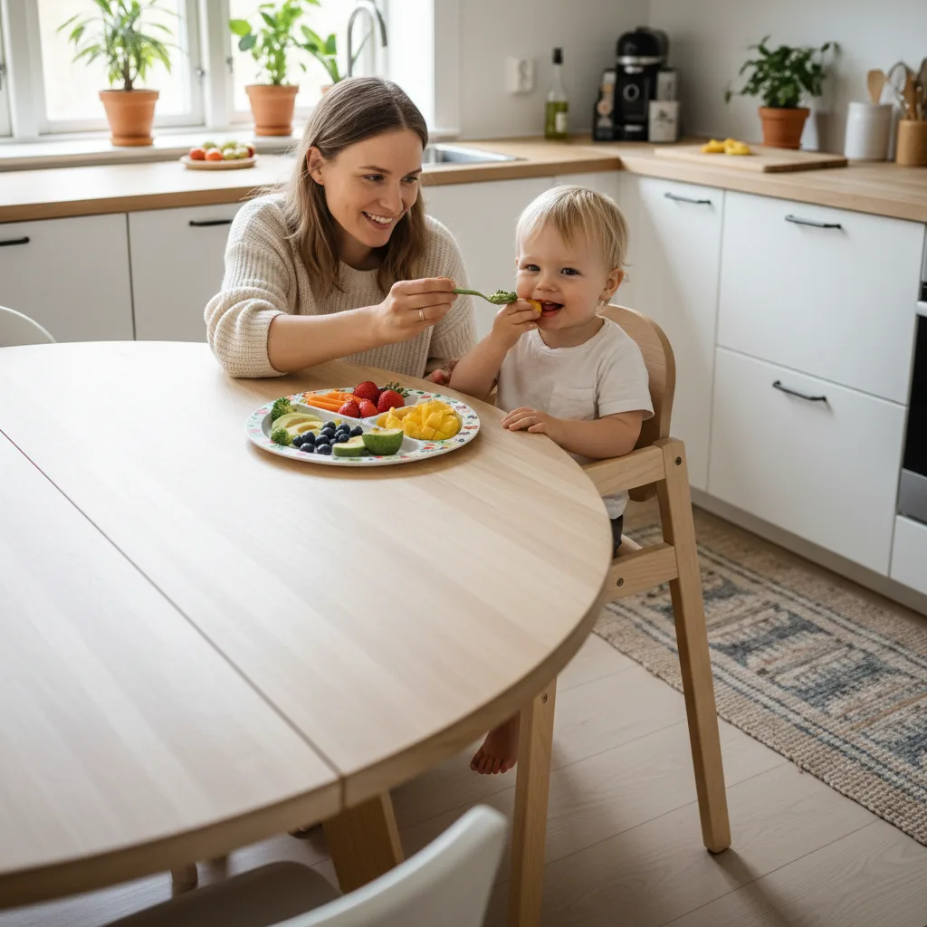 Småbarn som spiser fargerik frukt og grønnsaker ved et skandinavisk kjøkkenbord