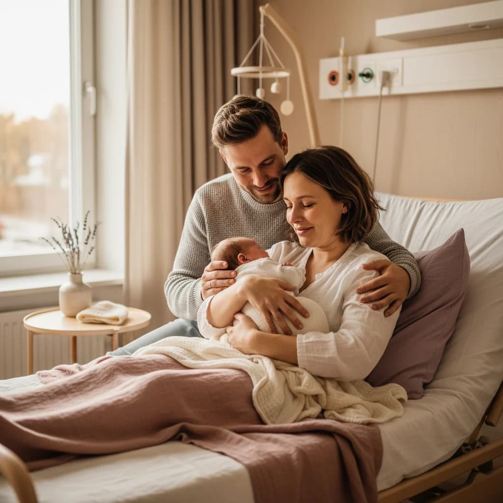 Nybakt mamma som holder nyfødt baby på brystet i varmt lys
