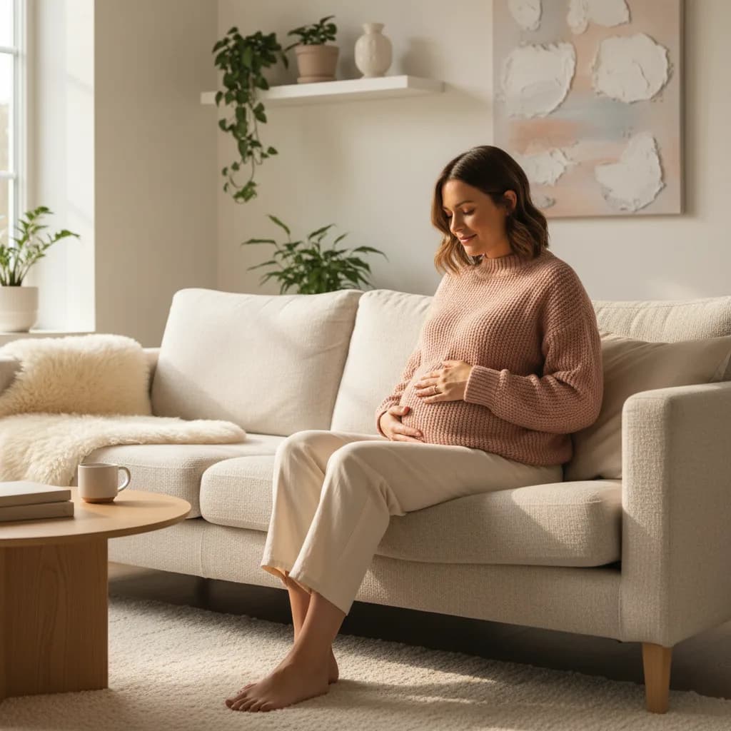 Gravid kvinne som kjenner på magen etter babyens spark i en lys skandinavisk stue