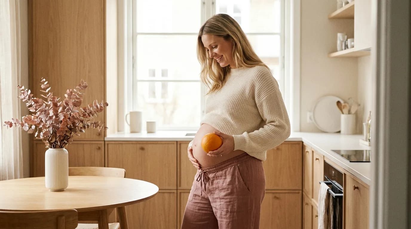 Gravid kvinne i skandinavisk stue som holder en appelsin opp mot magen for å sammenligne størrelse