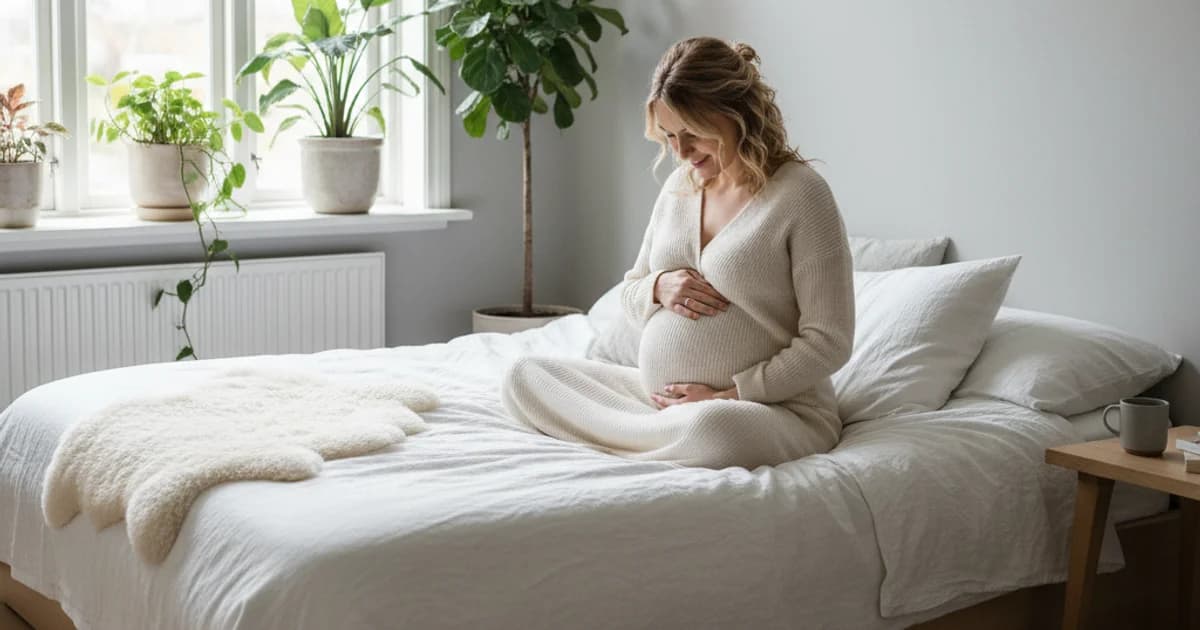 Gravid kvinne som holder rundt magen i et lyst skandinavisk soverom