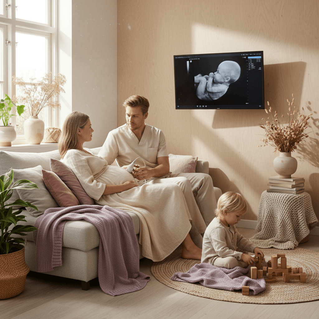 Gravid kvinne i samtale med lege om fosterdiagnostikk