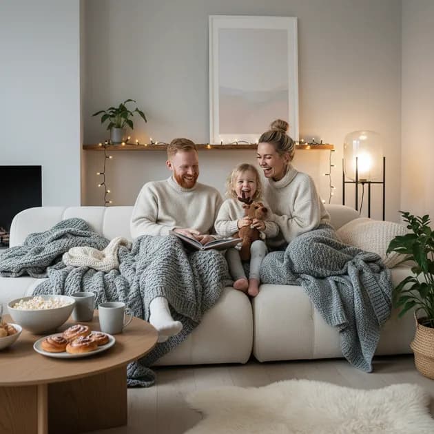 Familie med småbarn som koser seg med fredagsmiddag
