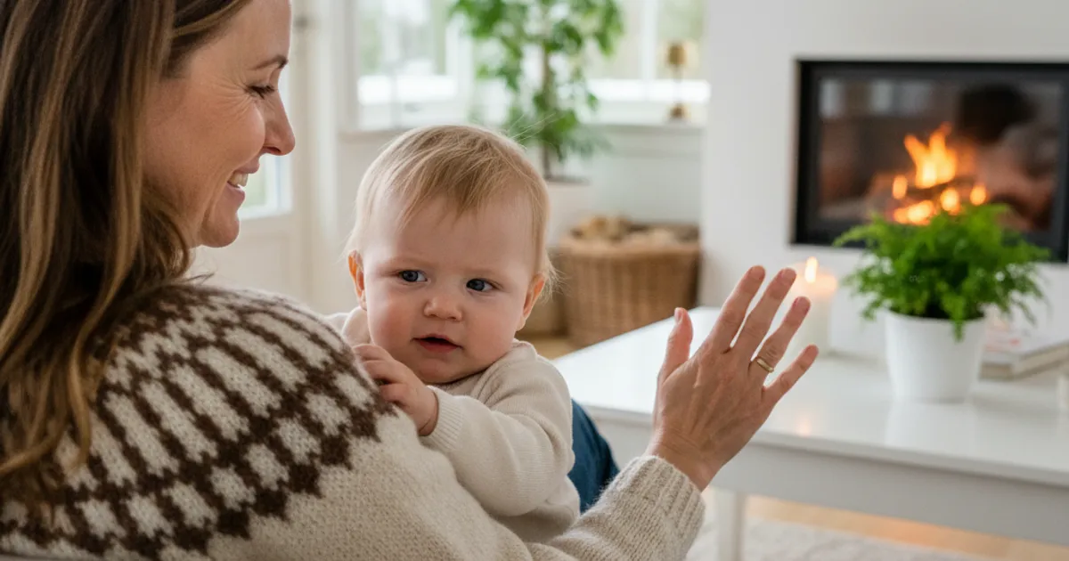 Baby som holder seg tett til mor mens den ser skeptisk på en ukjent person