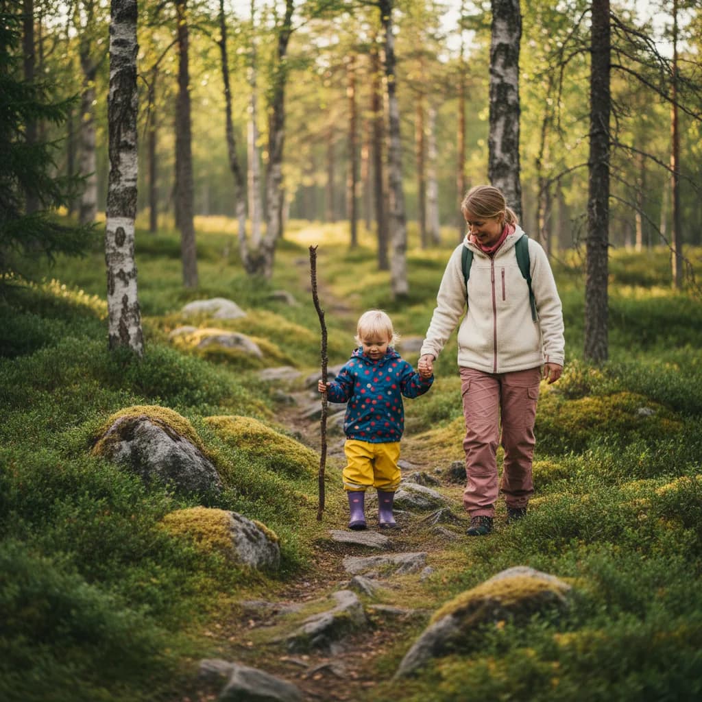 Forelder og toåring som går tur i norsk skog med sekk og gummistøvler