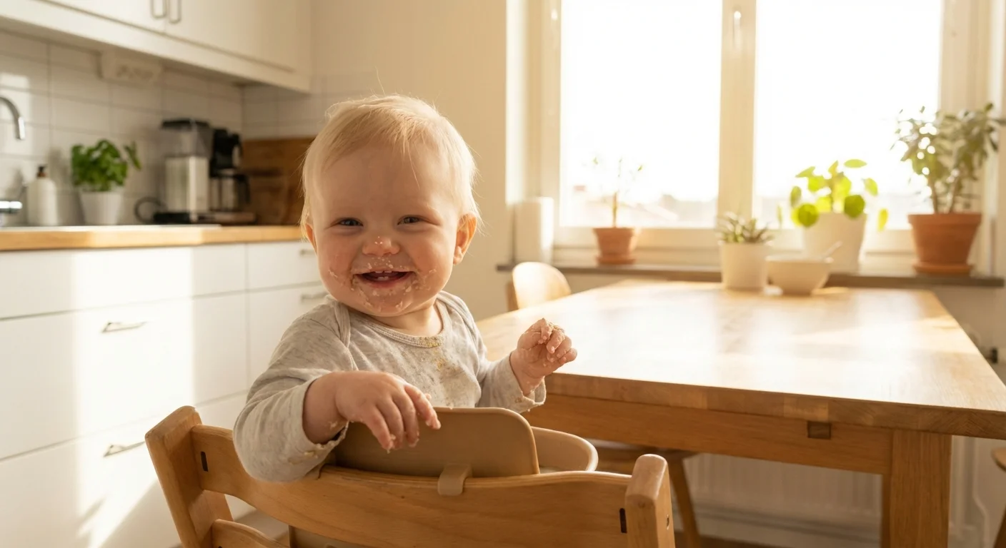 Baby i barnestol som spiser frokost med grøt og fruktbiter i et lyst skandinavisk kjøkken