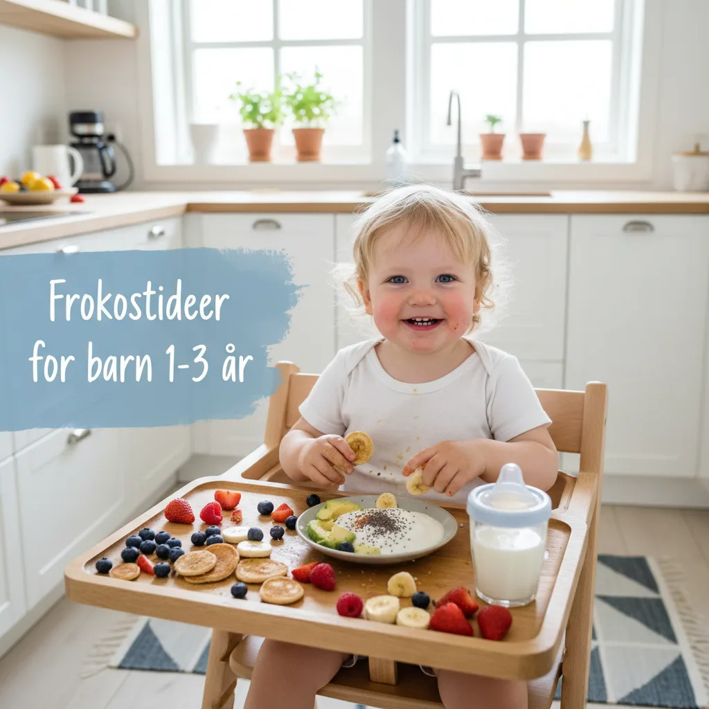 Småbarn som spiser frokost med forelder ved kjøkkenbordet i et lyst skandinavisk hjem