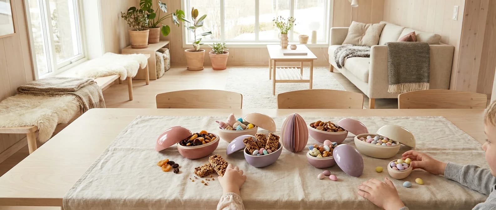 Fargerike påskeegg fylt med snacks og små overraskelser på et bord