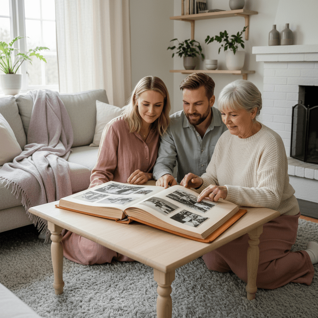 Besteforeldre og unge foreldre ser i et gammelt familiealbum i et varmt skandinavisk hjem