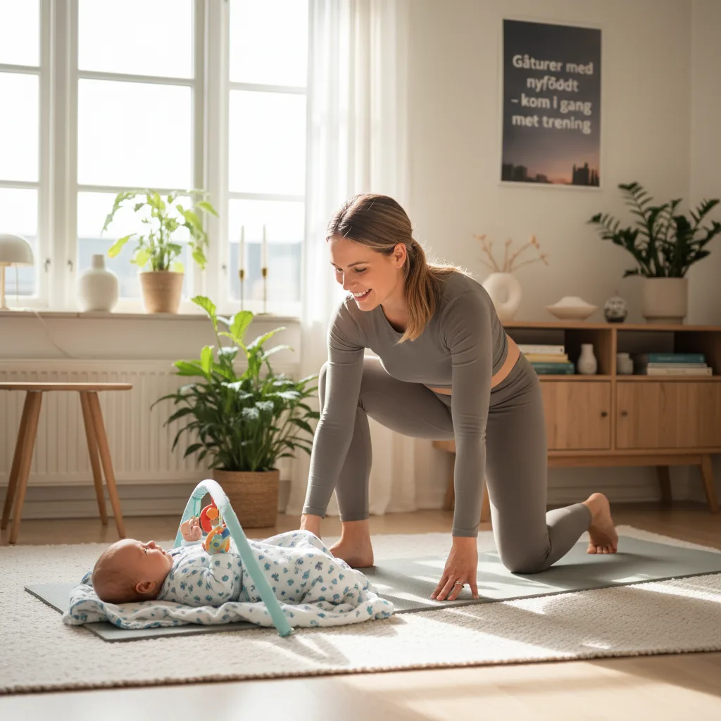 Kvinne som går tur med barnevogn i norsk natur på en fin dag