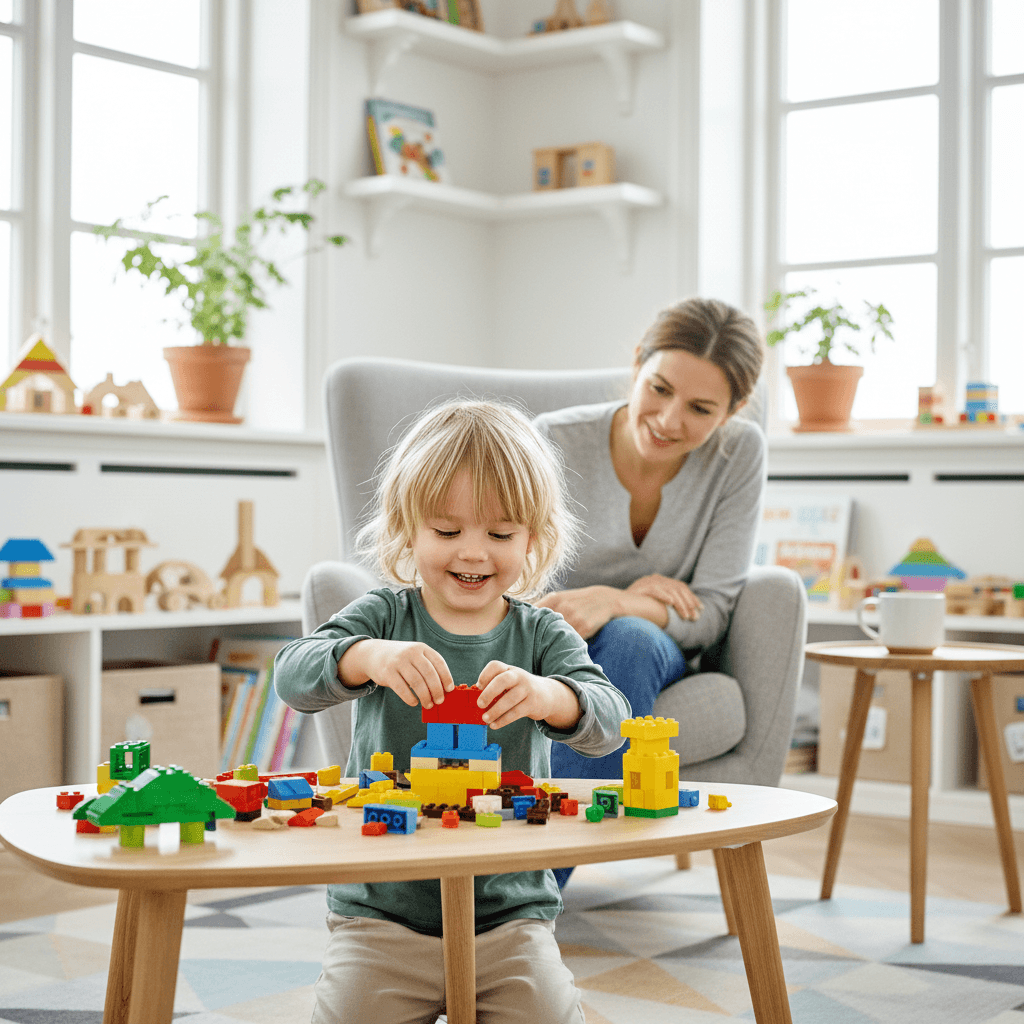 Fireåring som bygger med fargerike LEGO-klosser sammen med forelder
