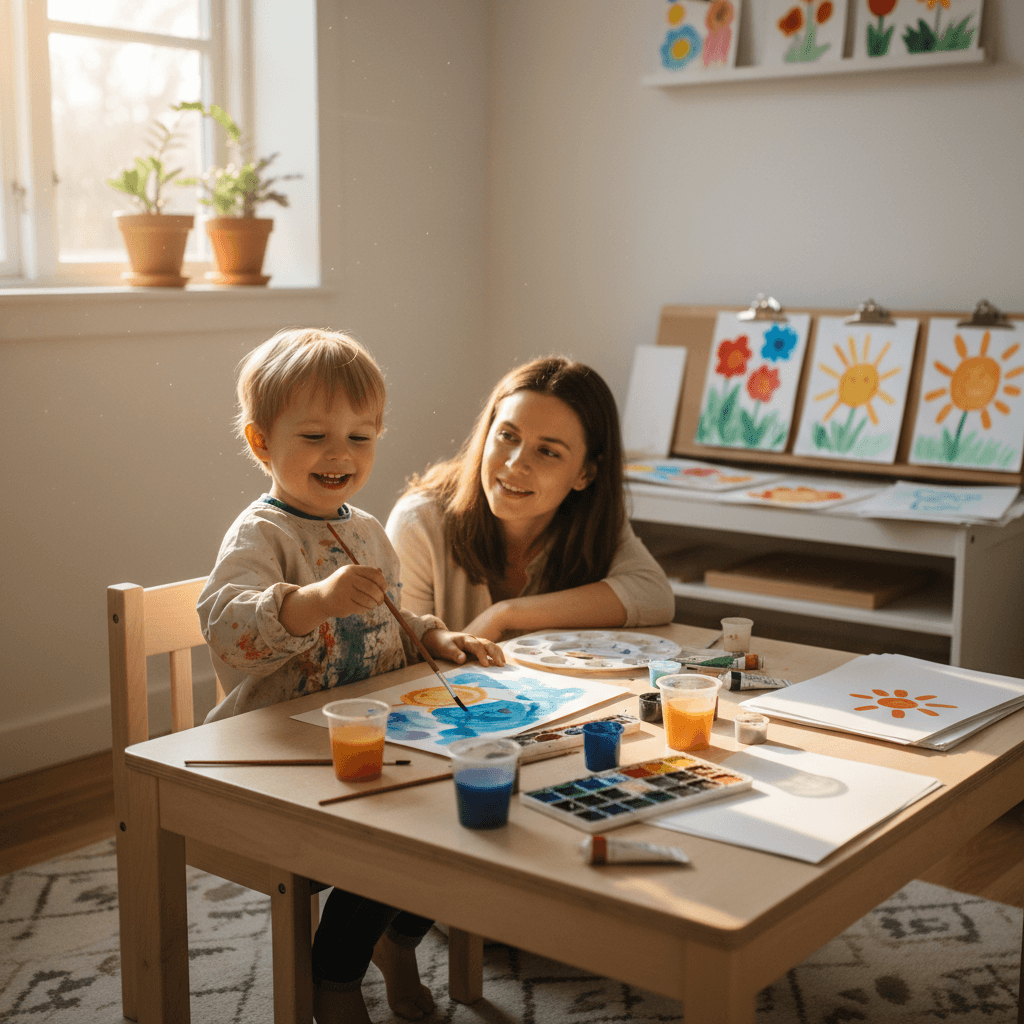 Femåring som maler et bilde med vannfarger ved et bord med kreativt utstyr