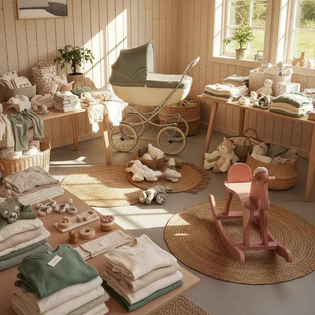 Pent brukt babyutstyr arrangert i et lyst skandinavisk hjem