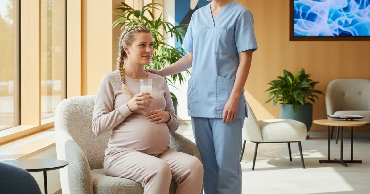 Gravid kvinne som tar glukosebelastningstest på sykehuset med helsepersonell