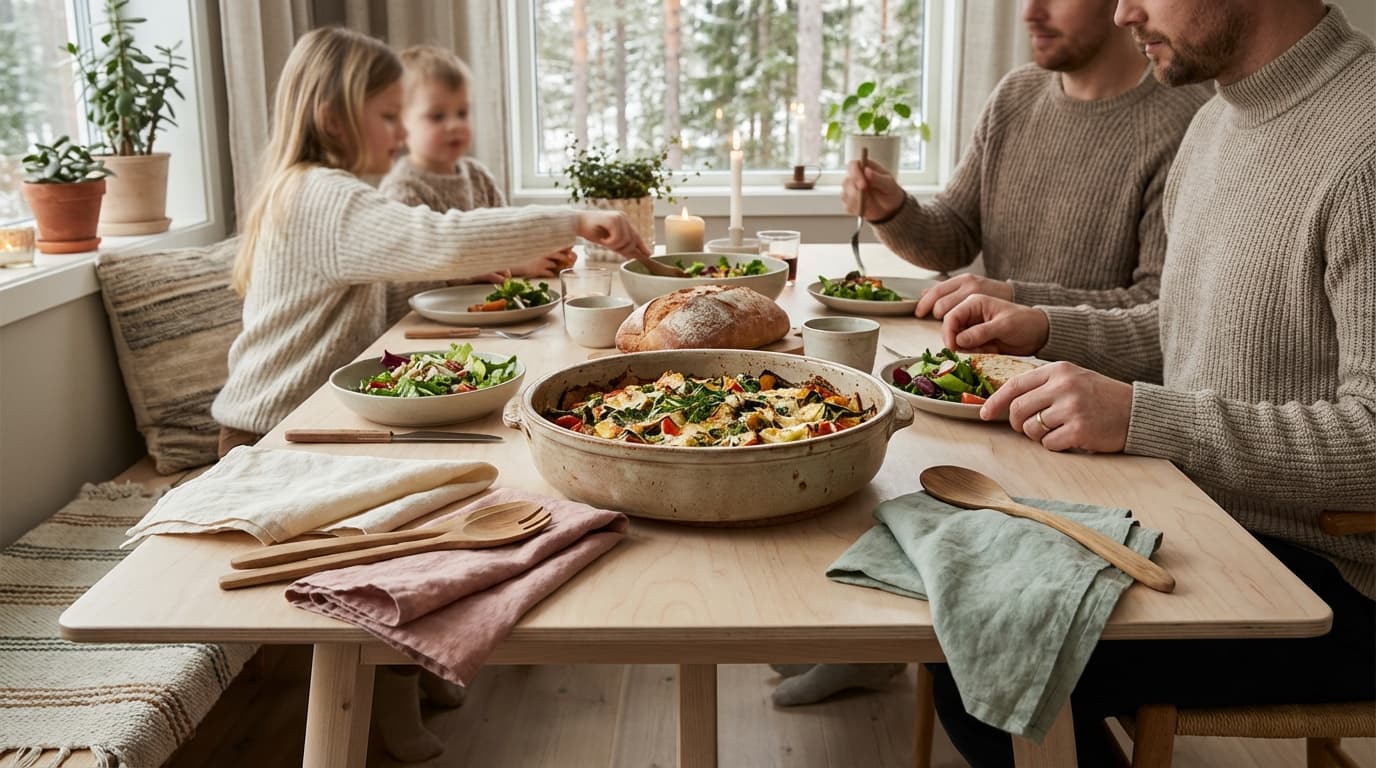 Gyllen grateng rett fra ovnen på et familiebord med barn