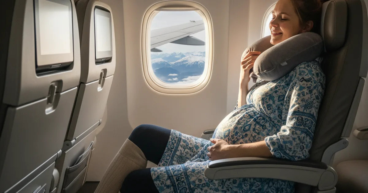 Gravid kvinne som sitter komfortabelt ved flyvinduet med kompressjonsstrømper og pute i et lyst, moderne fly