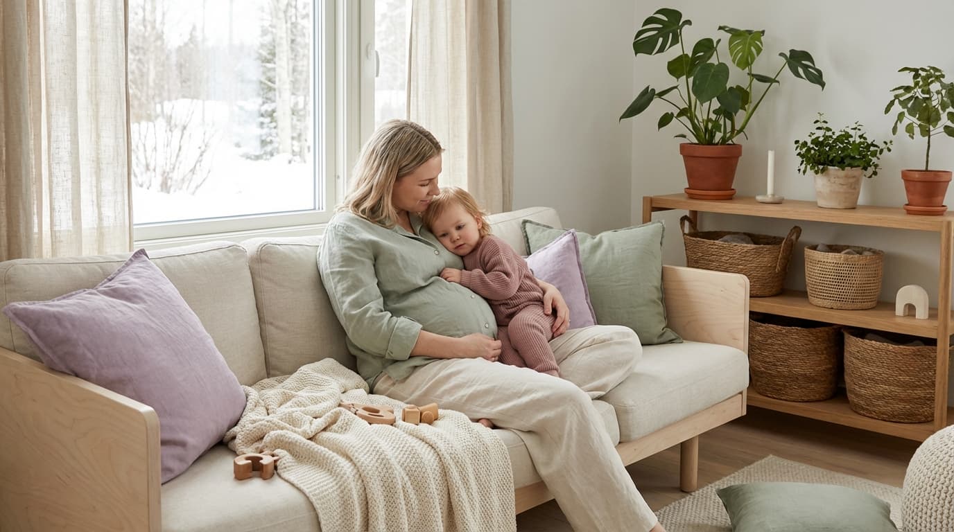 Gravid kvinne som holder rundt et lite barn og smiler