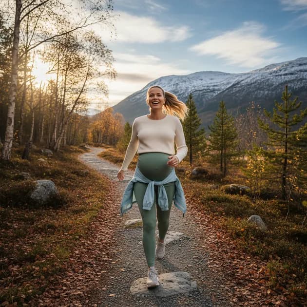 Gravid kvinne som trener yoga med magen synlig i et lyst treningsrom