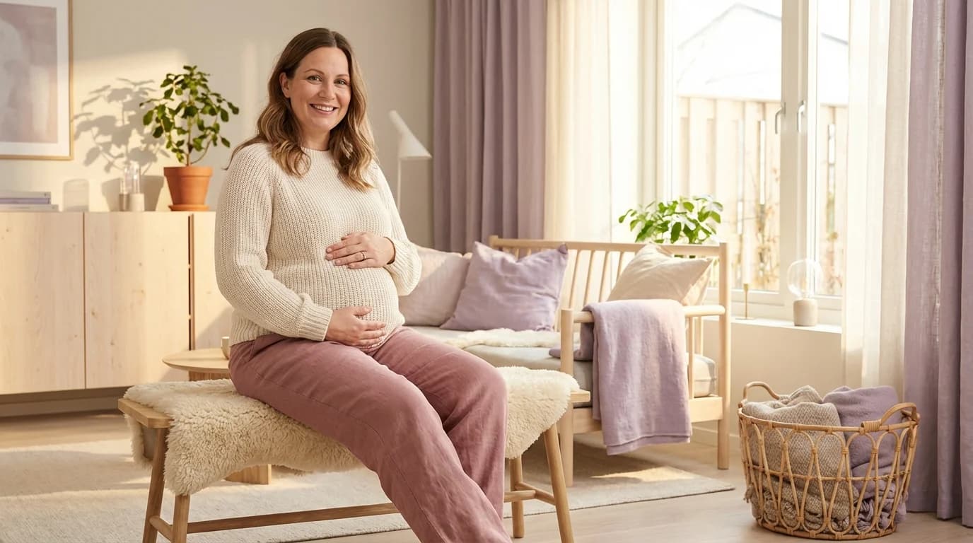 Smilende gravid kvinne i 30-årene holder om magen i et lyst rom
