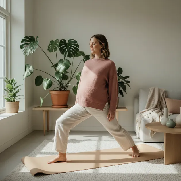 Gravid kvinne gjør yoga i et lyst skandinavisk rom