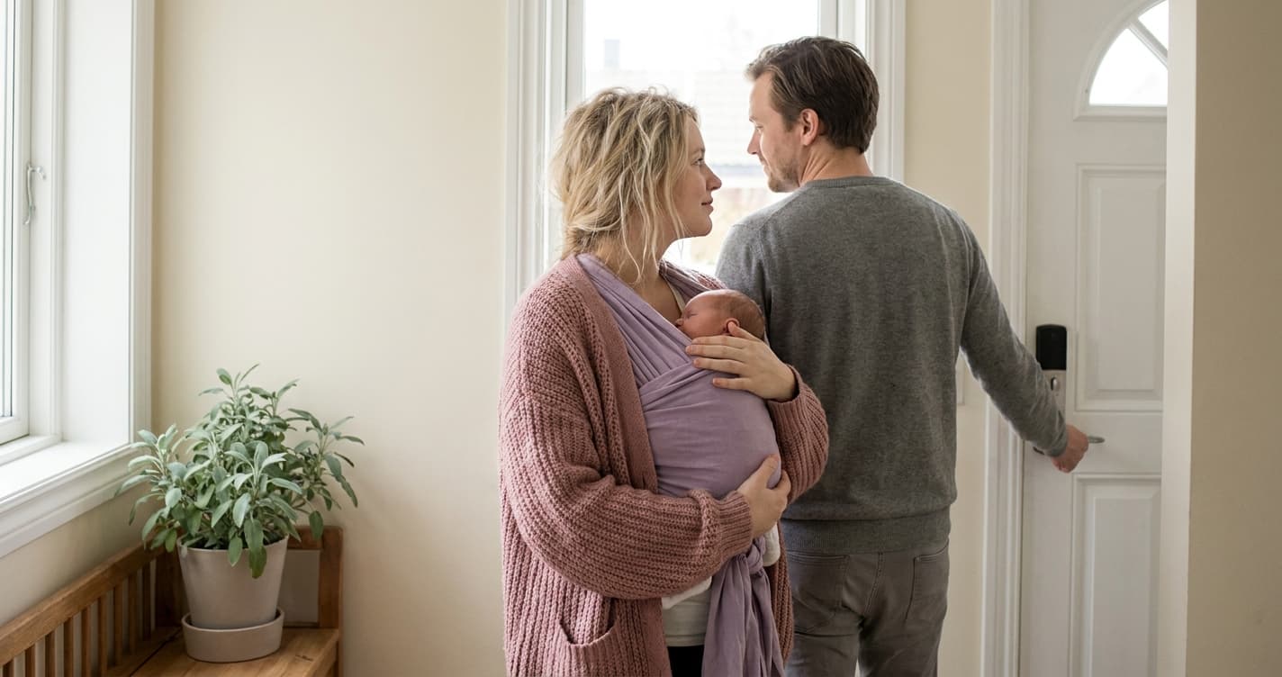 Ung mor holder nyfødt baby tett mens far stenger døra mot besøk