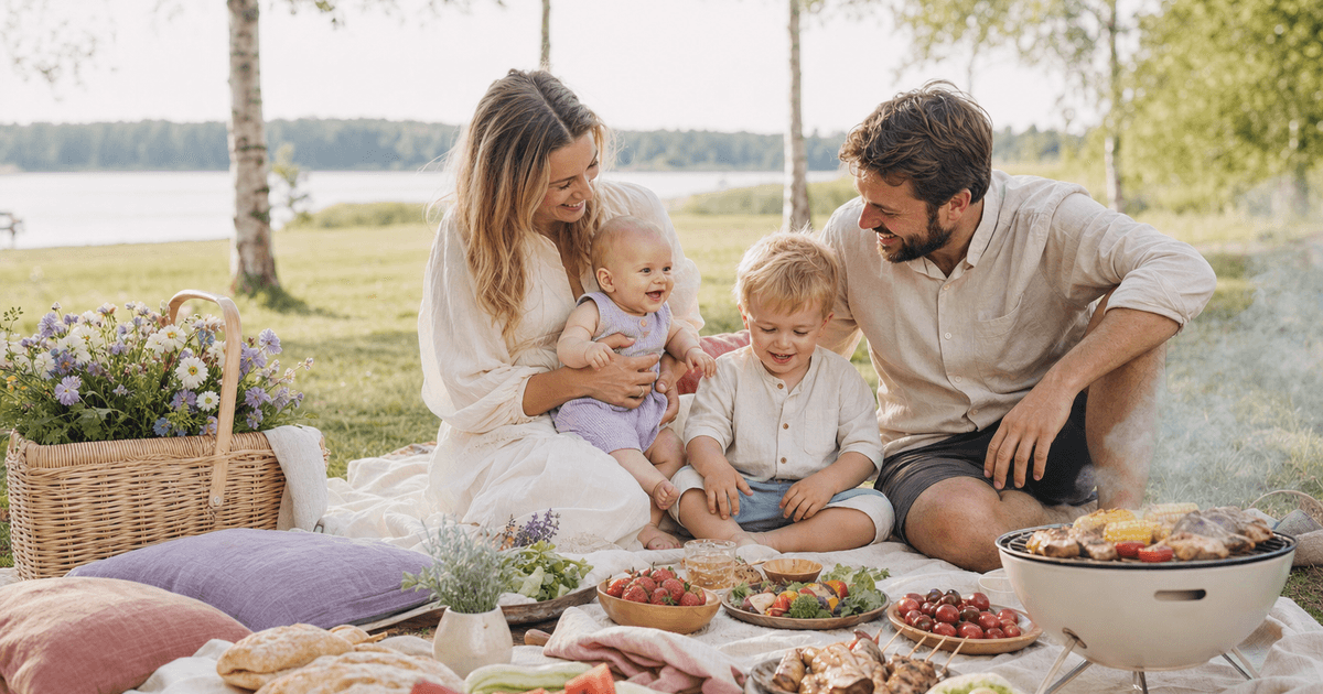Familie med småbarn på sommerpiknik i parken med grillmat, frukt og kjølebag