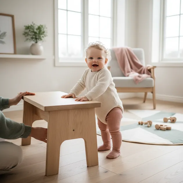 Baby som krabber på et mykt teppe i en lys nordisk stue mens en forelder ser på