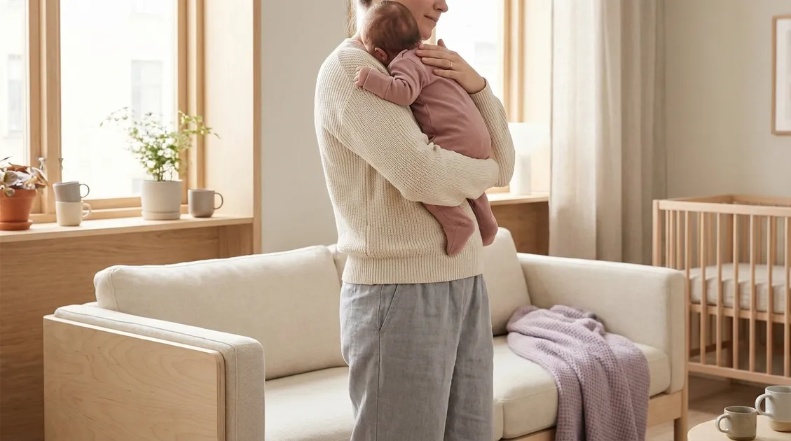 Forelder som holder baby oppreist over skulderen etter mating