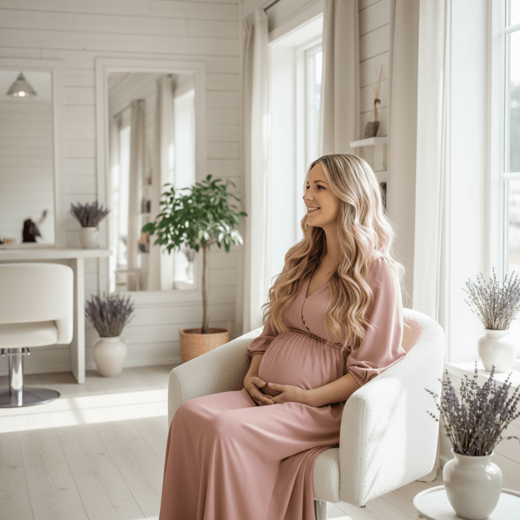 Gravid kvinne som smiler og holder seg til håret i et lyst baderom