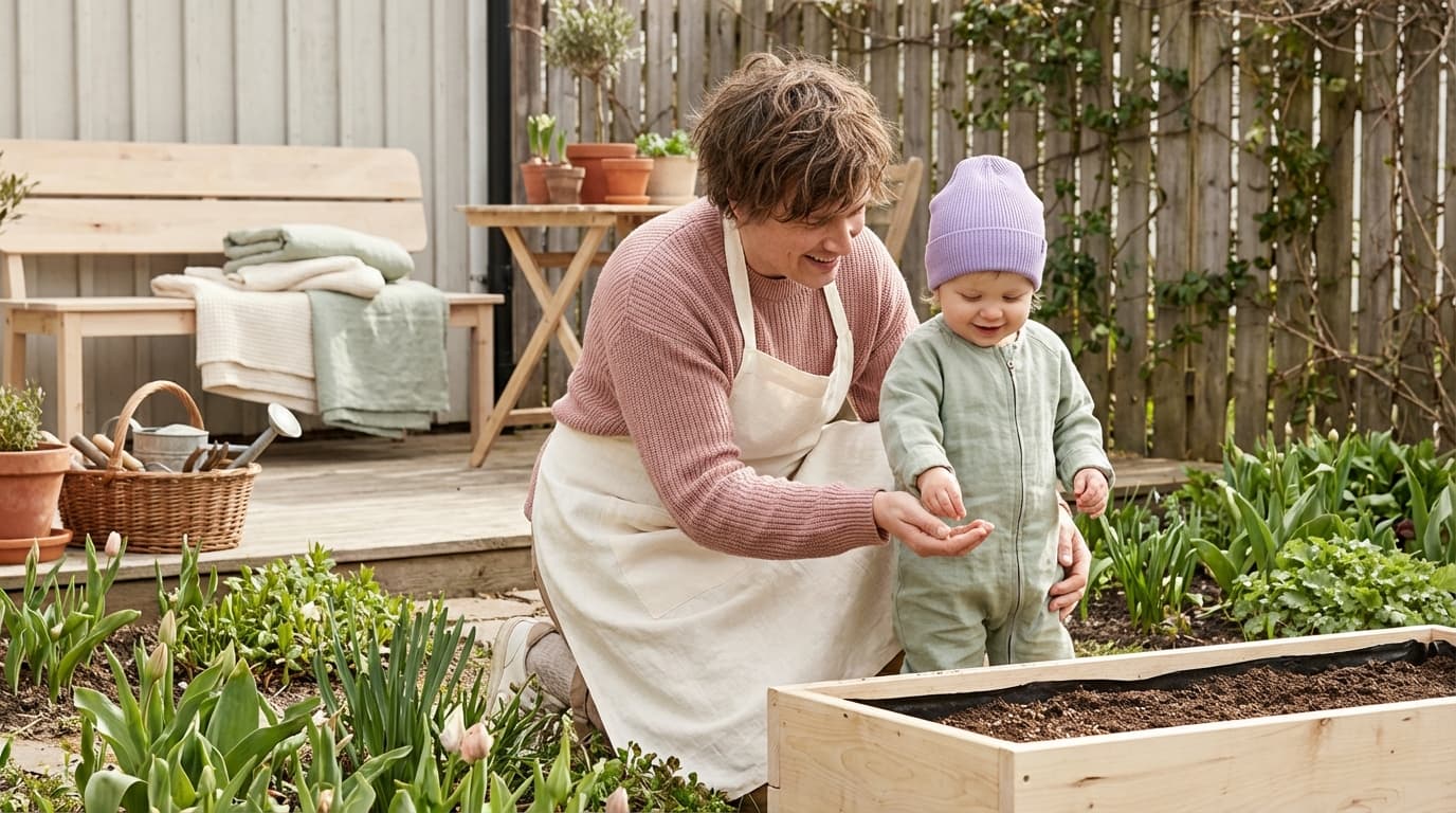 Småbarn som planter frø i en liten potte sammen med en forelder i hagen