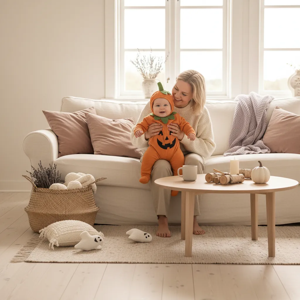 Baby i gresskarkostyme i fanget til mor på en lys sofa