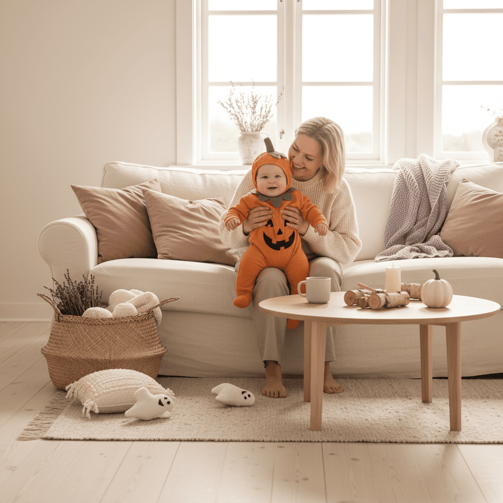 Baby utkledd i søtt gresskar-kostyme til halloween