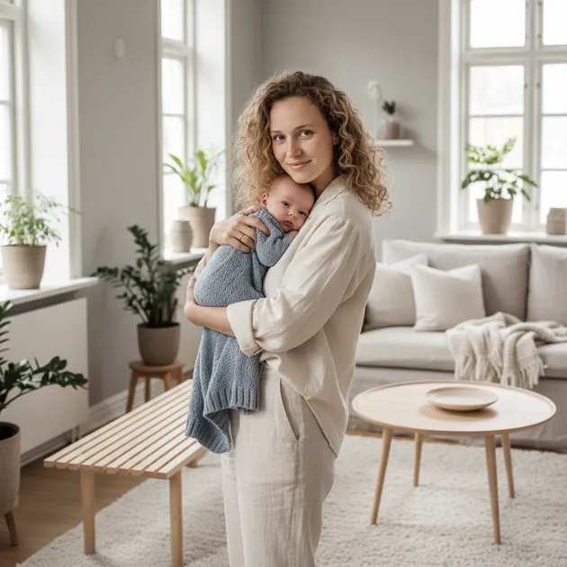 Ung mor med baby smiler og føler seg trygg tross hårtap etter fødsel