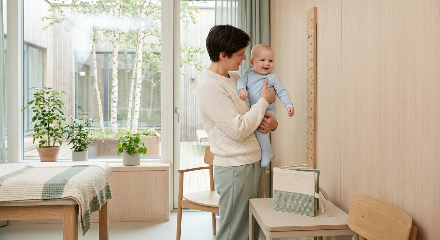 Helsesøster måler baby på helsestasjonen mens forelder noterer