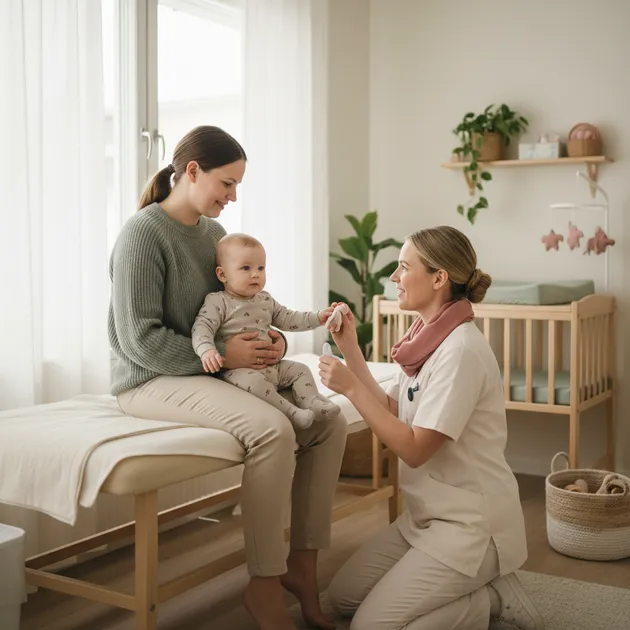 Helsesykepleier som snakker med foreldre og baby på helsestasjonen