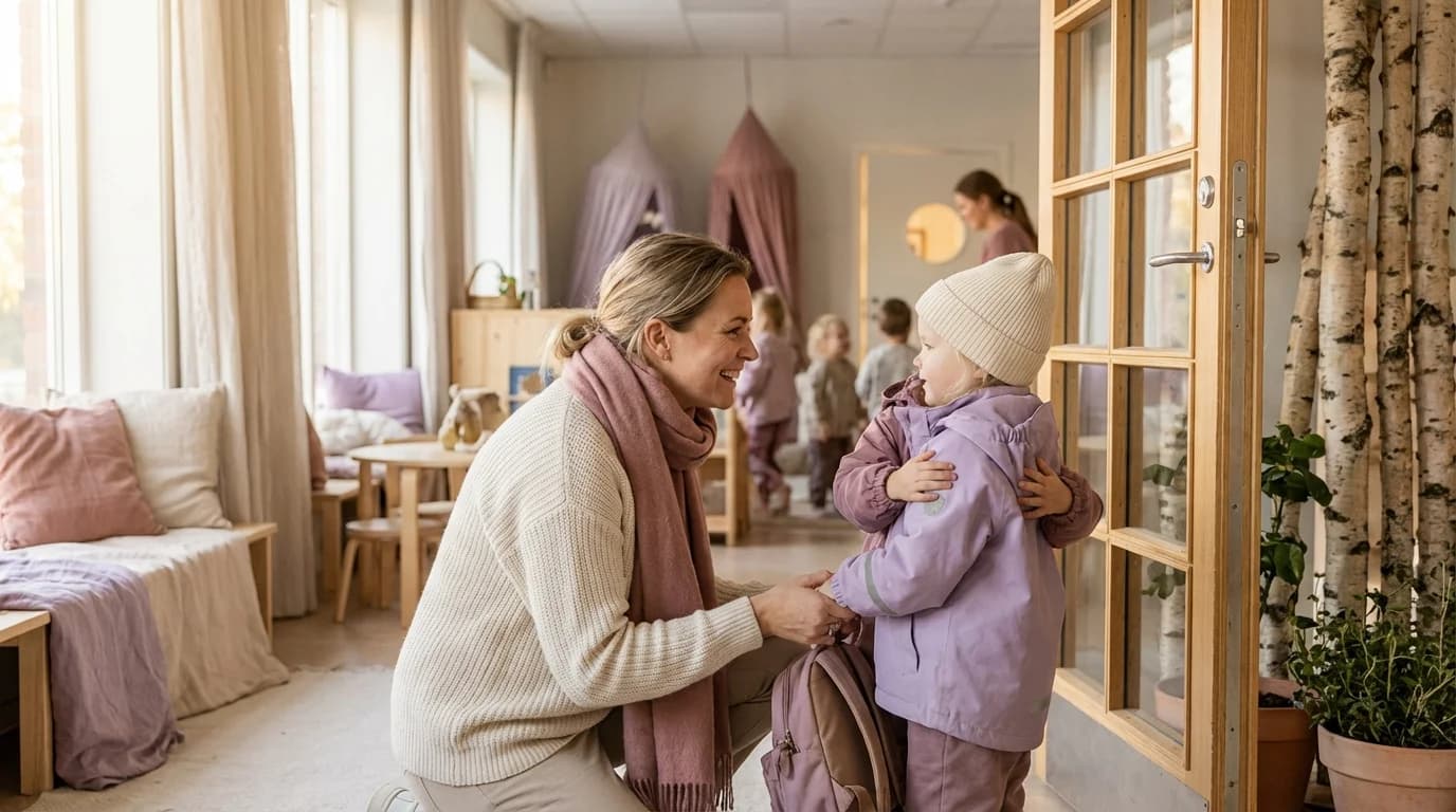 Forelder leverer smilende barn i barnehagen