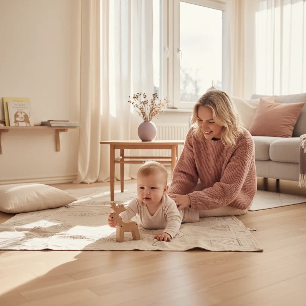 Baby som prøver å rulle seg over på teppet med forelder som støtter forsiktig