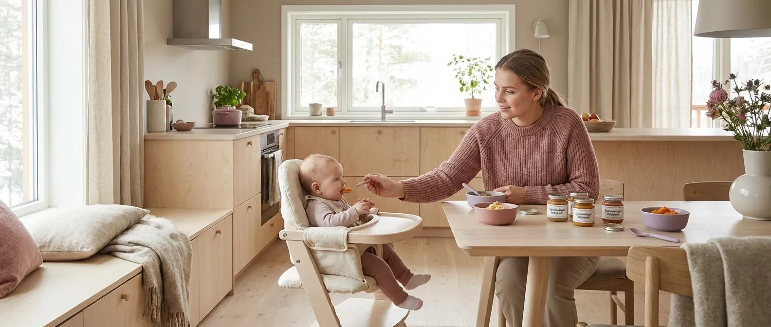 Fargerike porsjoner med hjemmelaget babymat i glassbeholdere på et lyst skandinavisk kjøkkenbord
