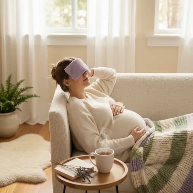 Gravid kvinne som holder seg til pannen med et glass vann ved siden av